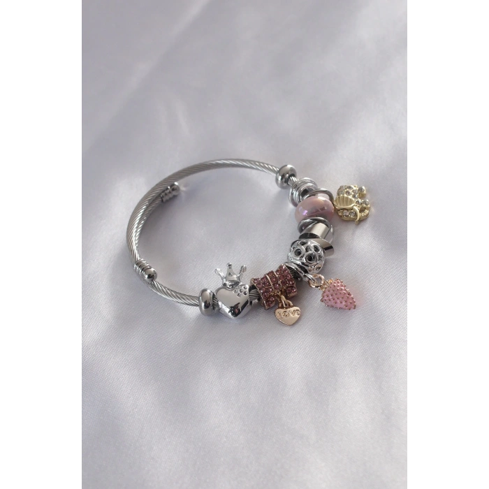 Çelik Charm Model Pembe Çilek Figür Kalp Detay Zirkon Taşlı Kadın Bileklik