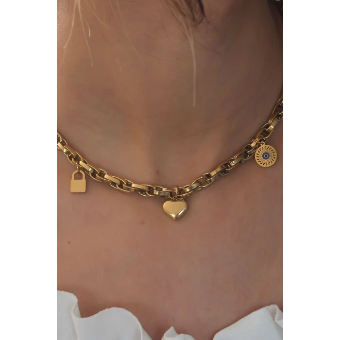 Çelik Gold Renk Kalın Zincir Model Kalp Figür Kadın Kolye