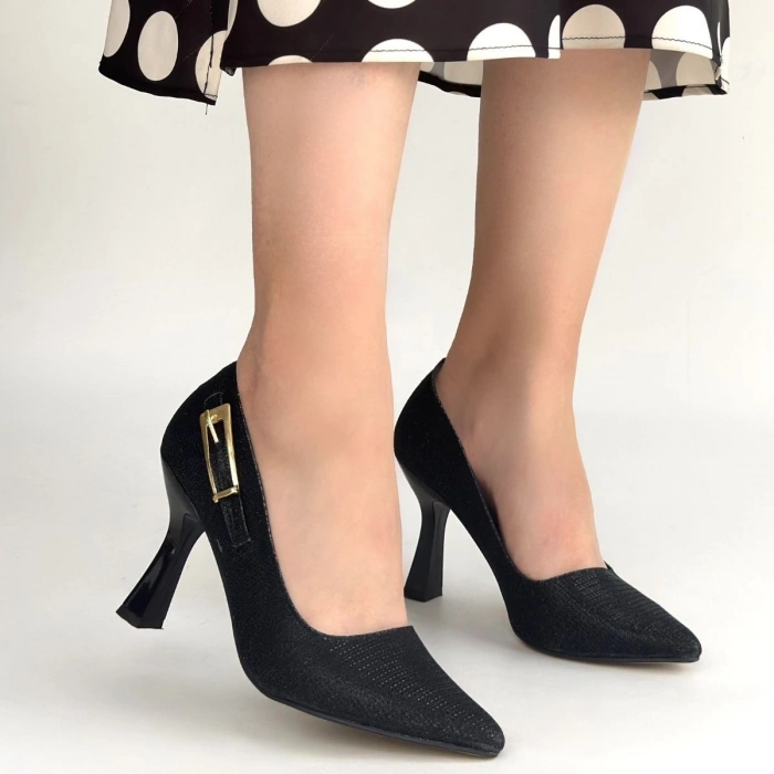 Cerin Siyah Saten Simli Topuklu Ayakkabı