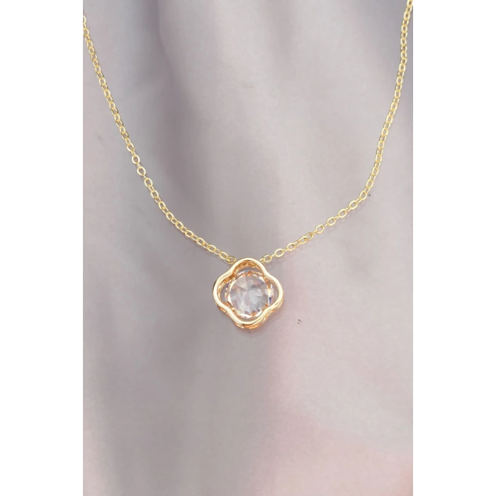 Çiçek Model Zirkon Taş Detaylı Gold Metal Zincirli Kadın Kolye