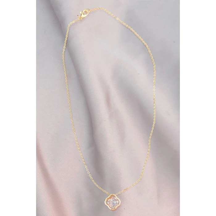 Çiçek Model Zirkon Taş Detaylı Gold Metal Zincirli Kadın Kolye