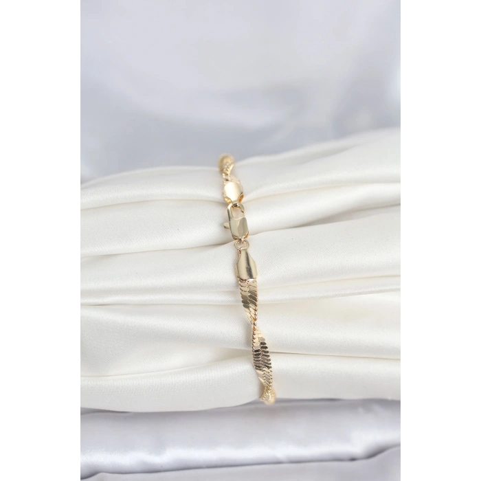 CM 14K Gold Renk Zincir Kalın Yassı Ezme Burgu Model Kadın Bileklik