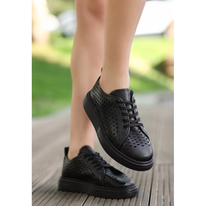 Ellon Siyah Cilt Bağcıklı Spor Ayakkabı