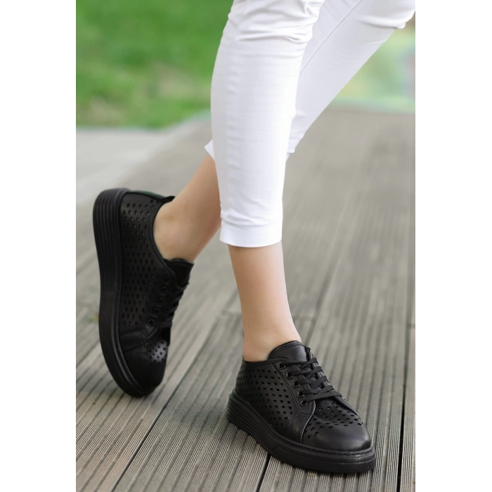 Ellon Siyah Cilt Bağcıklı Spor Ayakkabı