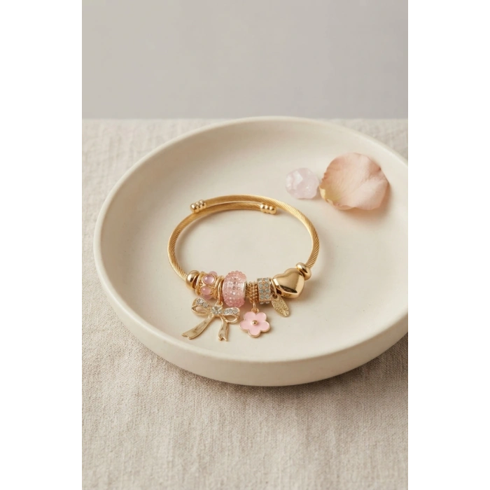 Fiyonk Charmlı Pembe Renk Gold Bileklik
