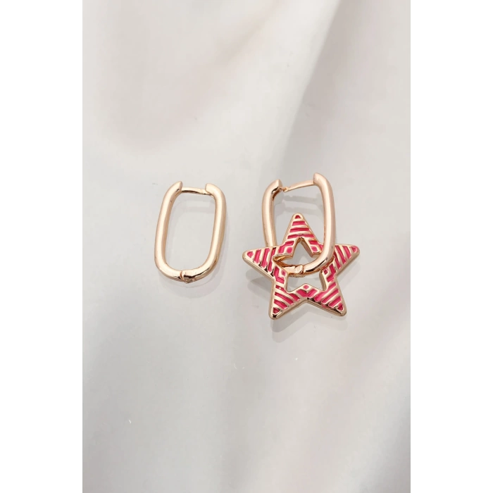 Fuşya Çizgili Gold Çelik Yıldız Küpe