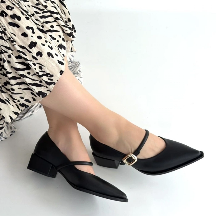 Galye Siyah Cilt Topuklu Ayakkabı