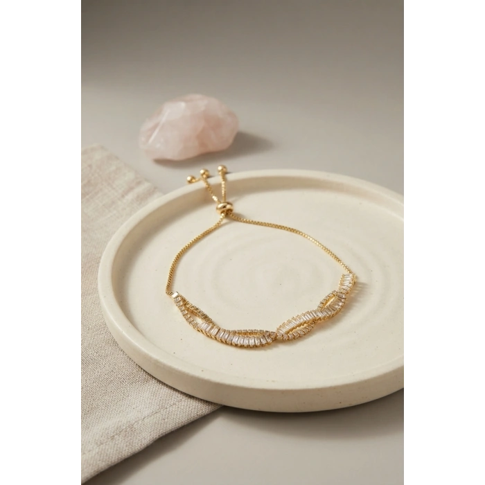 Gold Renk Baget Zirkon Taşlı Sarmal Model Pirinç Asansör Bileklik