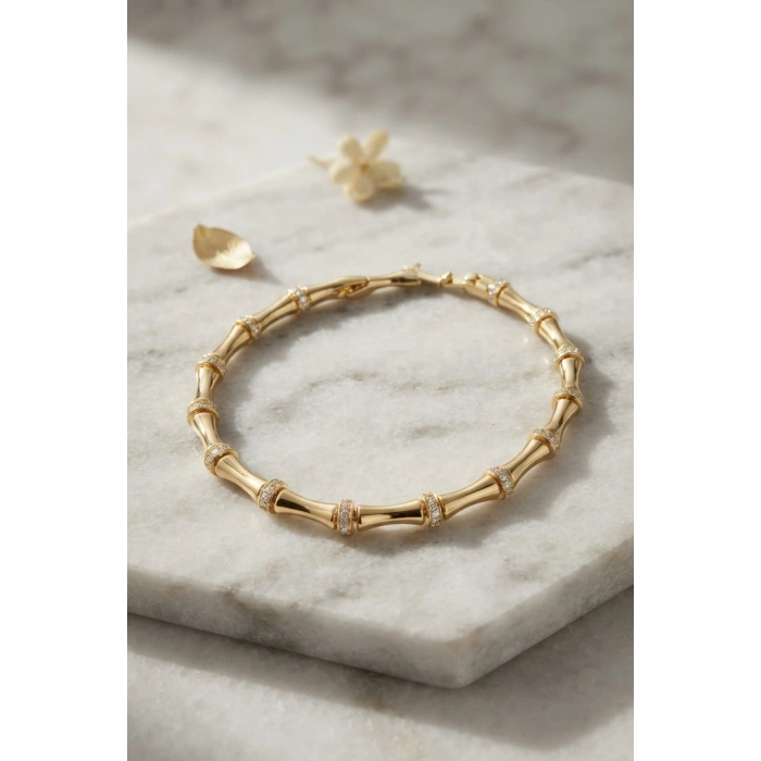 Gold Renk Bambu Model Zirkon Taşlı Kadın Bileklik