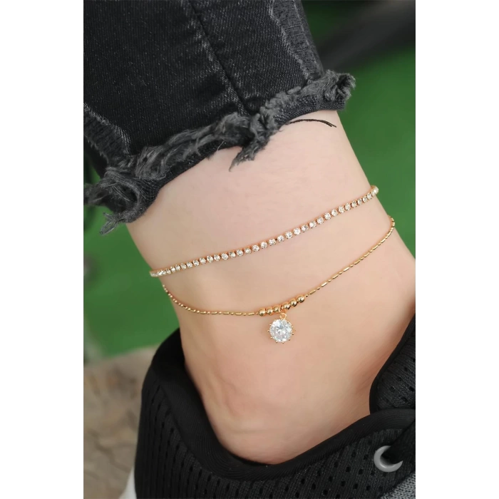 Gold Renk Damla ve Sıra Zirkon Taşlı Halhal