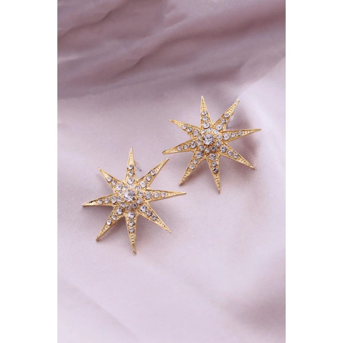 Gold Renk Metal Zirkon Taşlı Kutup Yıldızı Model Kadın Küpe Seti