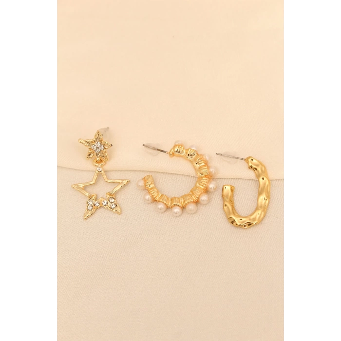 Gold Renk Metal Zirkon Taşlı ve İncili Yıldız Detaylı Küpe Seti