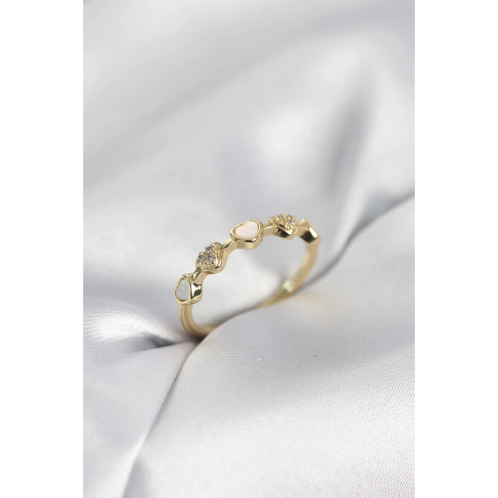 Gold Renk Minimal Kalp Model Zirkon Taşlı Pirinç Kadın Yüzük