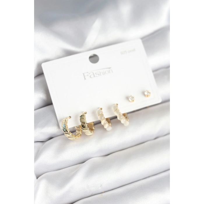 Gold Renk Pirinç Halka 925 Ayar Gümüş Çivili Kadın Küpe Seti