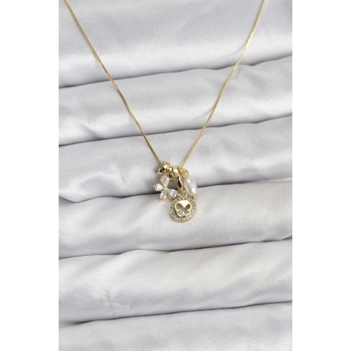 Gold Renk Pirinç Minimal Kelebek Charmlı Kadın Kolye