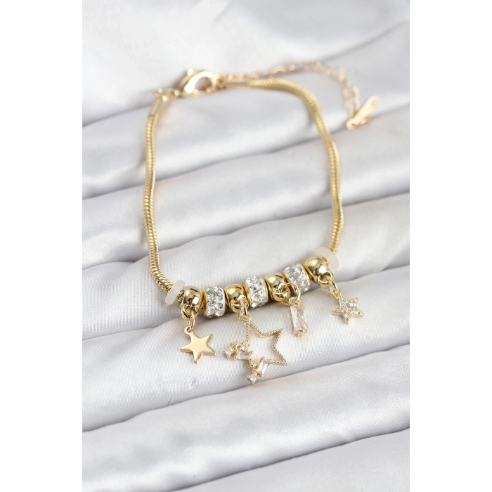Gold Renk Pirinç Yıldız Model Charmlı Kadın Bileklik