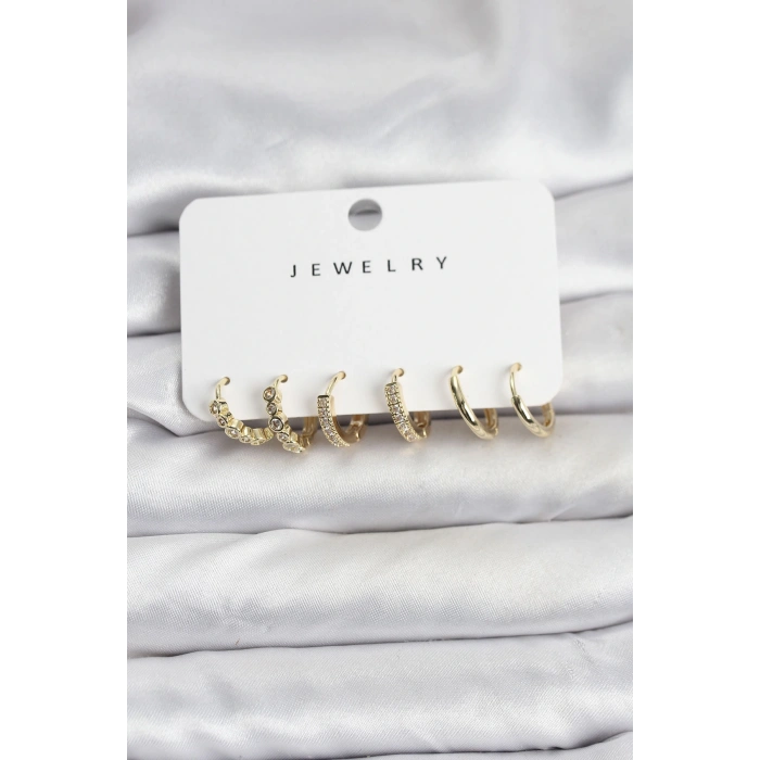 Gold Renk Pirinç Zirkon Taşlı Kadın Küpe Seti