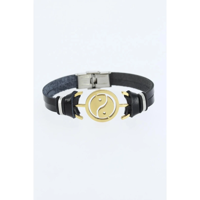 Gold Renk Yin Yang Figürlü Metal Aksesuarlı Siyah Renk Deri Erkek Bileklik
