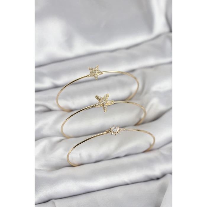 Gold Renk Zirkon Taşlı Deniz Yıldızı Model 3lü Kadın Bileklik Kombini