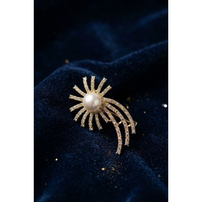 Gold Renk Zirkon Taşlı Halley Model Broş