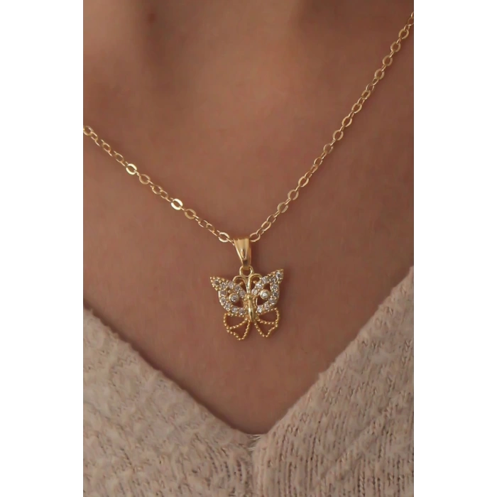 Gold Renk Zirkon Taşlı Kelebek Figür Kadın Kolye
