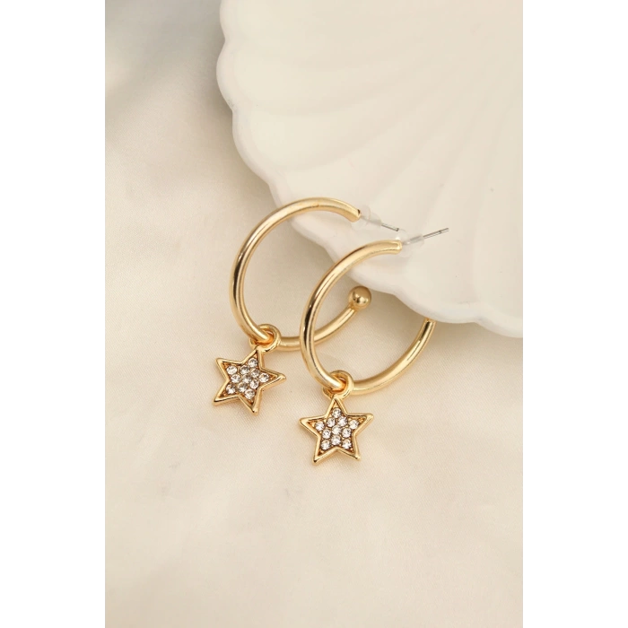 Gold Renk Zirkon Taşlı Yıldız Figürlü Halka Küpe