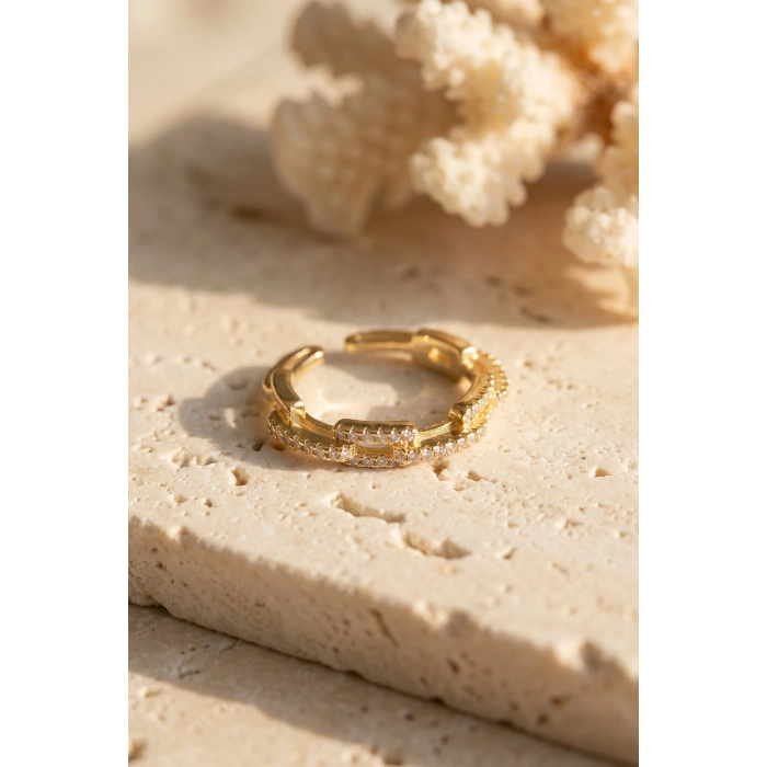 Gold Renk Zirkon Taşlı Zincir Model Kadın Yüzük
