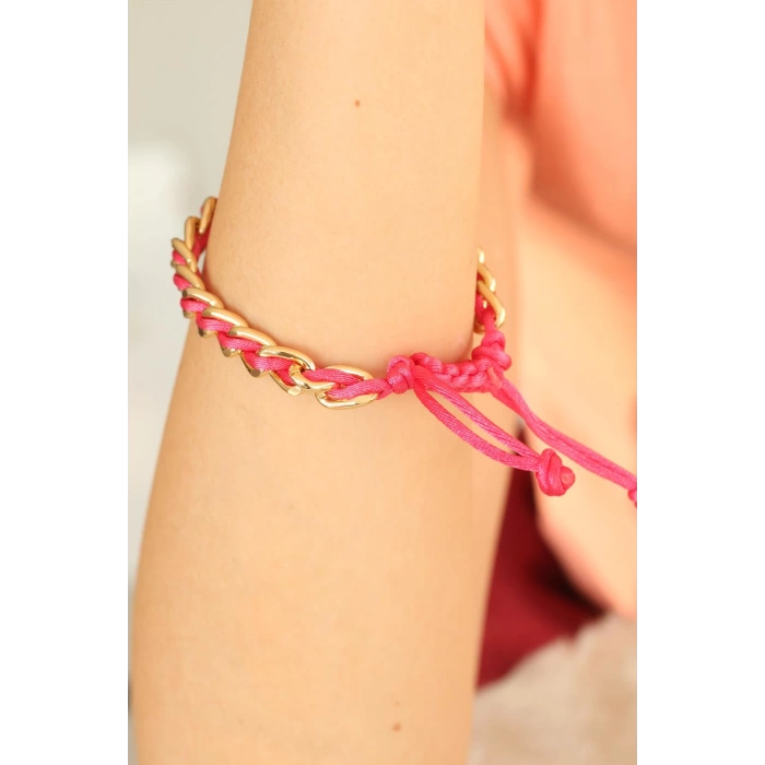 Gold Zincirli Pembe İpli Bayan Bileklik