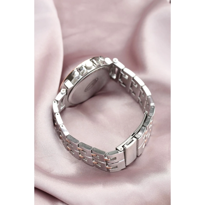 Gümüş Metal Kordonlu Rose Zirkon Taşlı Kasa Tasarımlı Kadın Saat