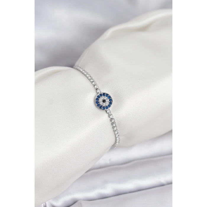 Gümüş Renk Nazar Model Zirkon Taşlı Asansörlü Su Yolu Bileklik