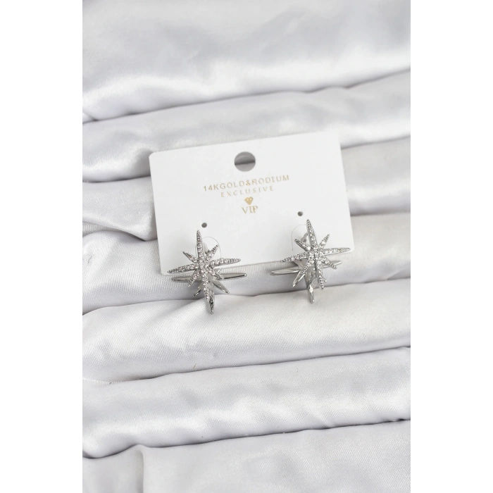 Gümüş Renk Pirinç Çift Taraflı Kutup Yıldızı Kadın Küpe