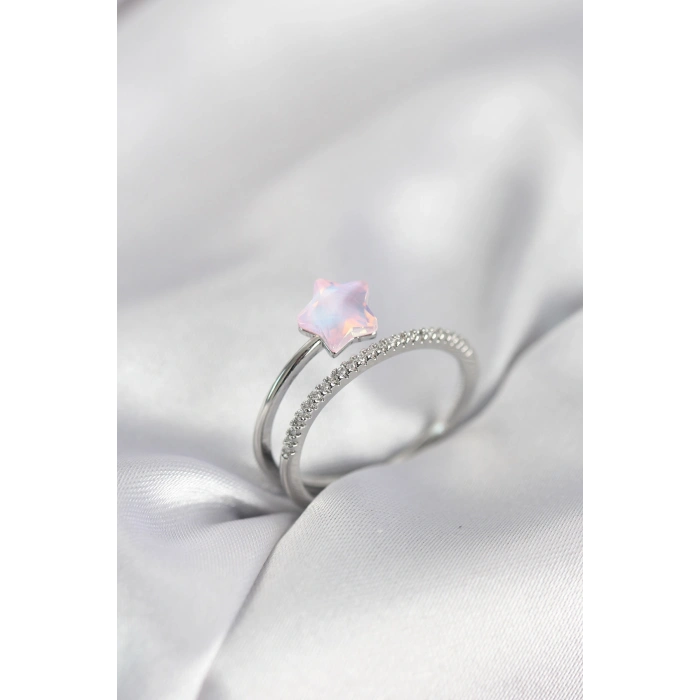 Gümüş Renk Zirkon Taşlı Pembe Halley Model Kadın Yüzük