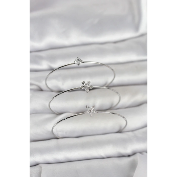 Gümüş Renk Zirkon Taşlı Pirinç 3lü Kadın Bileklik Kombini