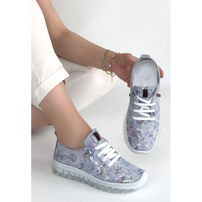 Jiten Lila Desenli Deri Bağcıklı Spor Ayakkabı