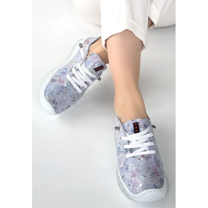 Jiten Lila Desenli Deri Bağcıklı Spor Ayakkabı