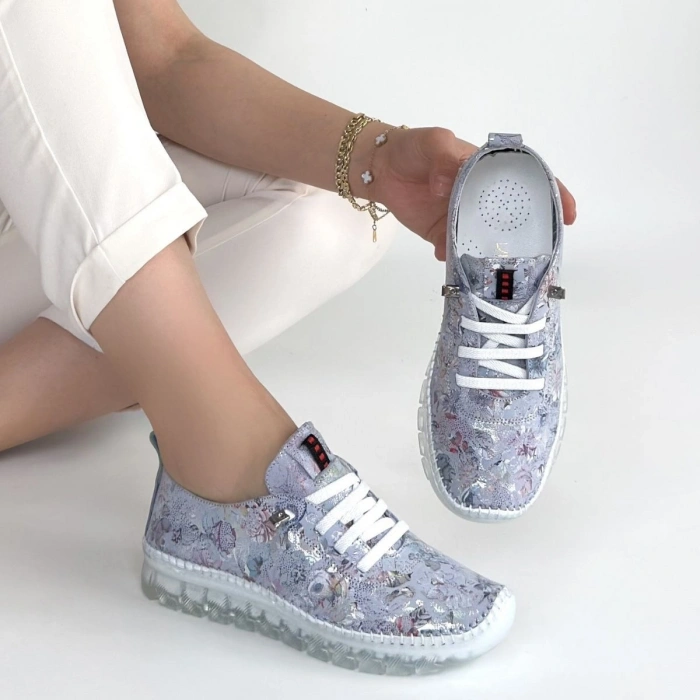 Jiten Lila Desenli Deri Bağcıklı Spor Ayakkabı