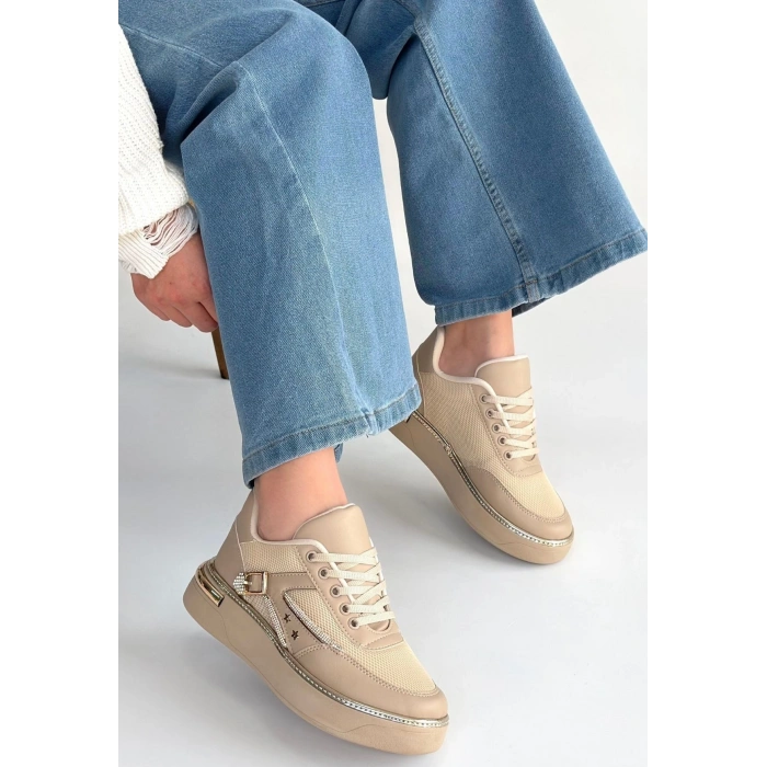 Junda Bej Cilt Bağcıklı Spor Ayakkabı