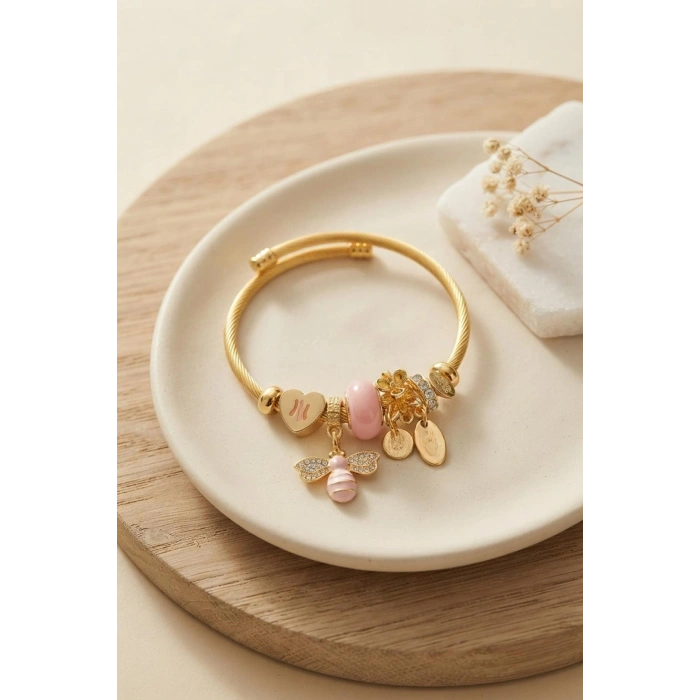 Kalp ve Arı Model Pembe Charmlı Bileklik