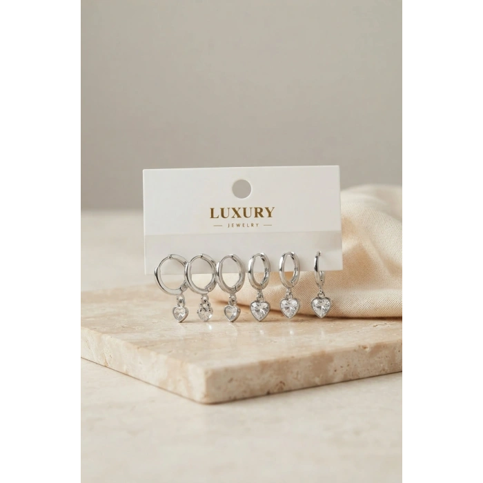 Kalp Zirkon Taşlı Gümüş Renk Pirinç Set Küpe