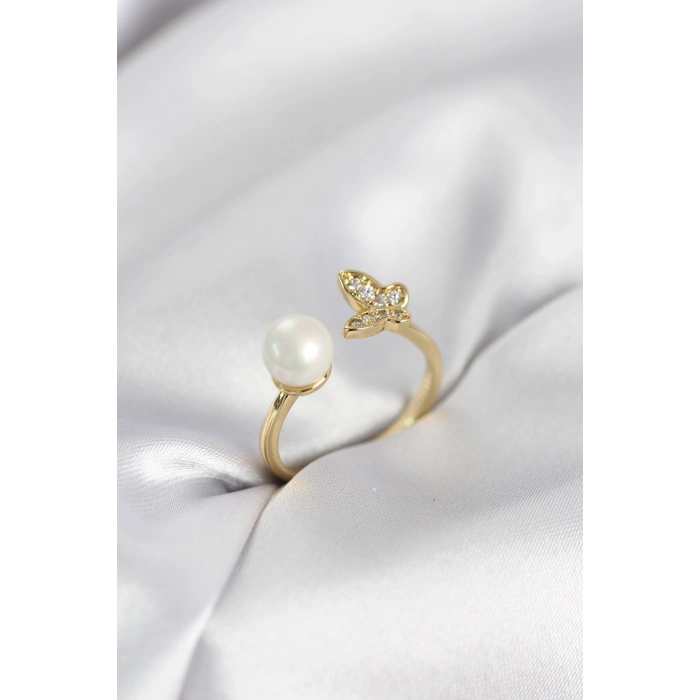 Kelebek İncili Model Gold Renk Zirkon Taşlı Kadın Yüzük