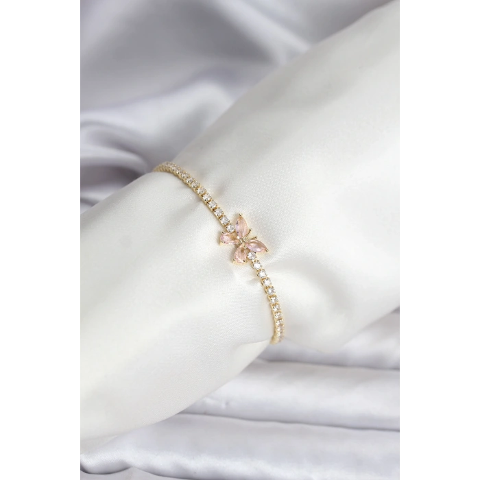 Kelebek Model Zirkon Taşlı Gold Renk Pirinç Su Yolu Kadın Bileklik