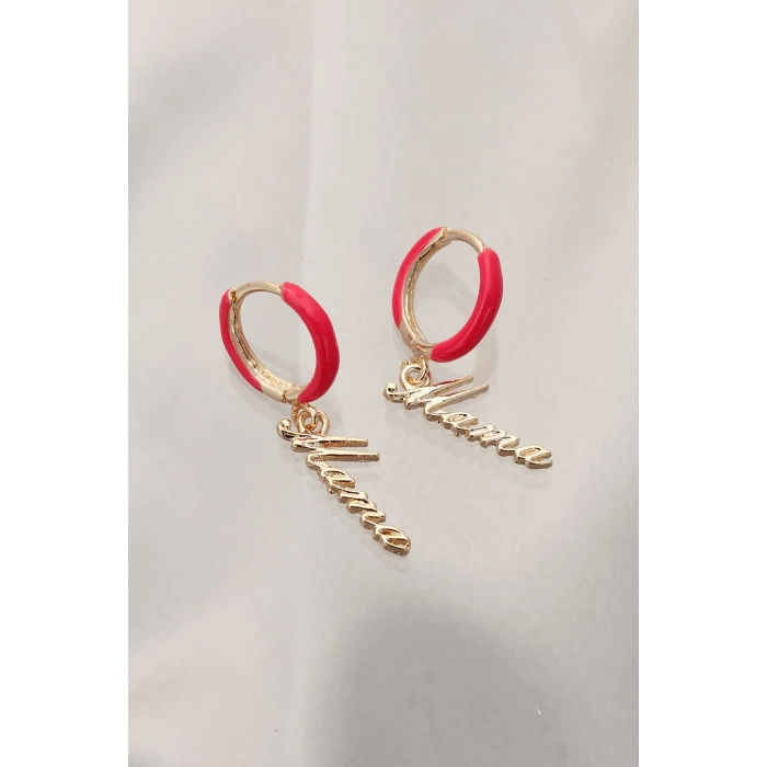 Kırmızı Mama (anne) Yazılı Çelik Küpe