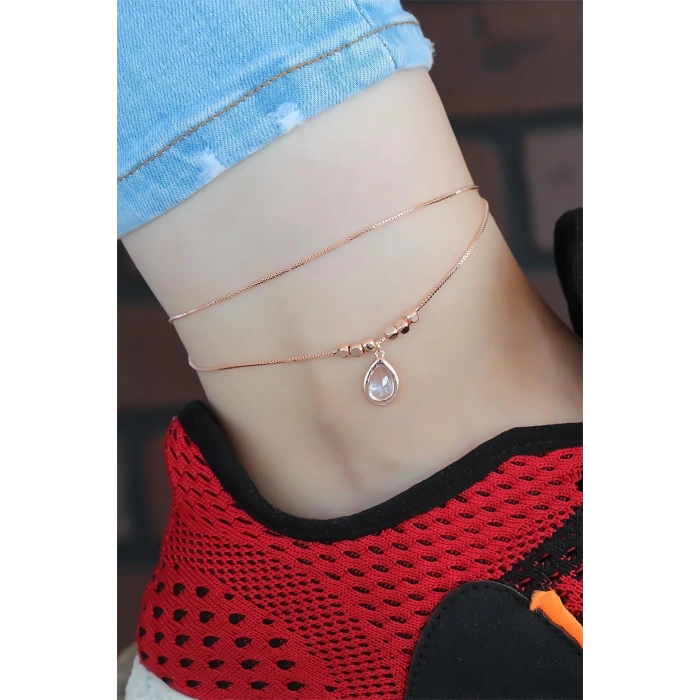 Kristal Taşlı Rose Renk Çift Zincirli Hal Hal