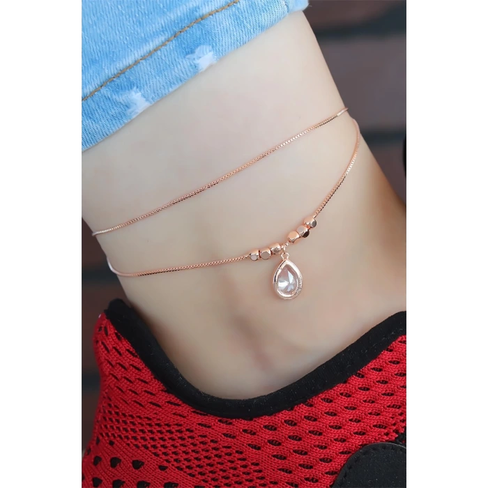 Kristal Taşlı Rose Renk Çift Zincirli Hal Hal