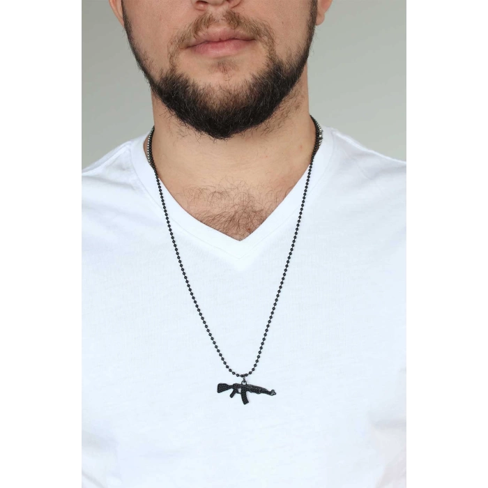 Krom Kaplama Siyah Renk Metal Tüfek Kafası Tasarım Erkek Kolye