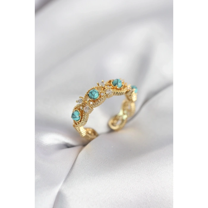 Mavi Taşlı Gold Renk Vintage Kadın Yüzük