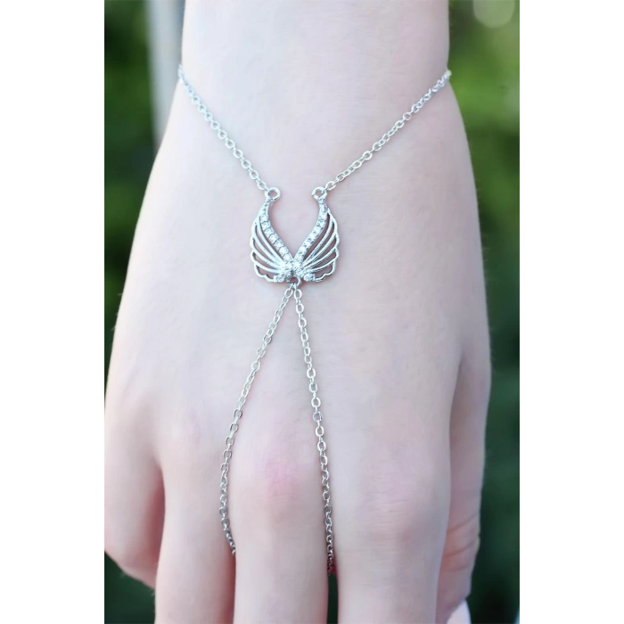 Melek Kanadı Figürlü Zirkon Taşlı Silver Renkli Şahmeran Bileklik