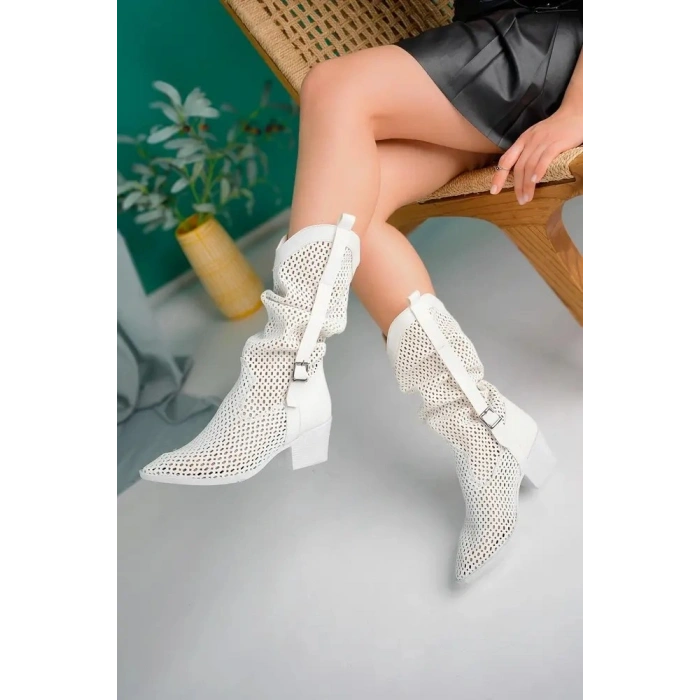 Meria Beyaz Cilt Lazer Kesim Kovboy Topuklu Çizme