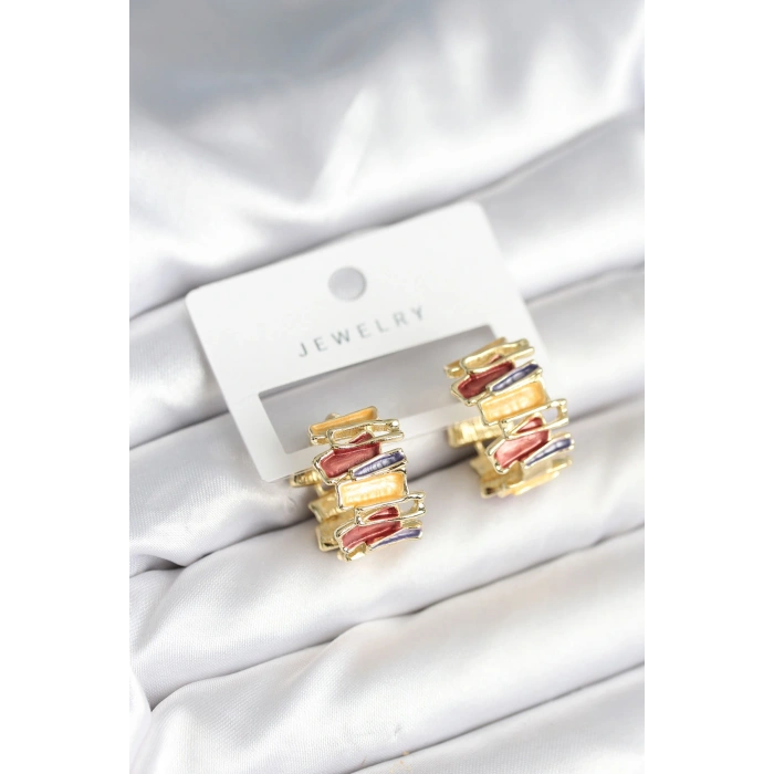 Mineli Karışık Renkli Gold Pirinç Kadın Küpe