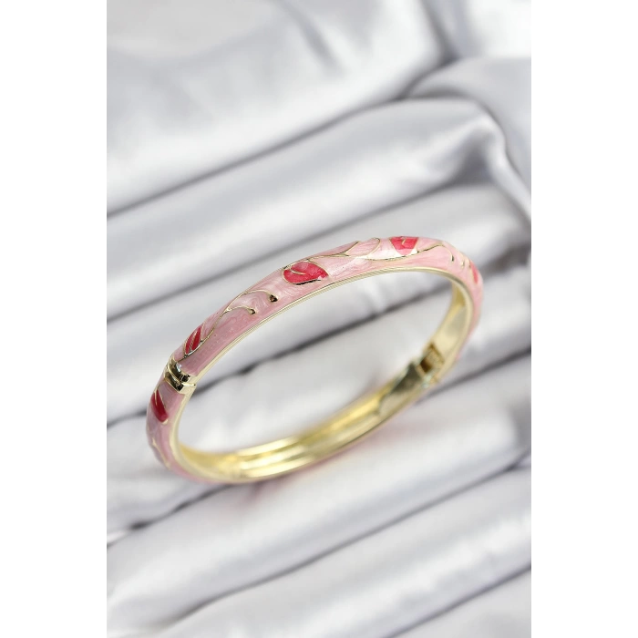 Mineli Pirinç Kırmızı ve Pembe Yaprak Motifli Gold Renk Kadın Kelepçe